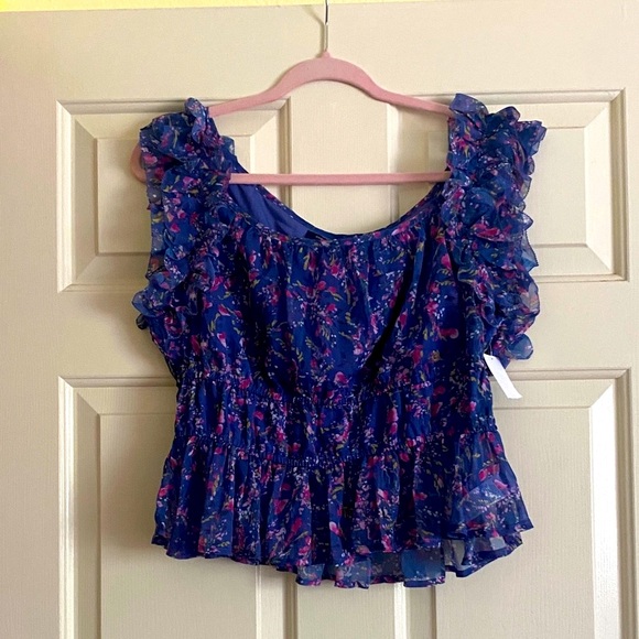 NWT French Connection Blue Floral Ruffle Sleeve Blouse, Size L - Picture 1 of 4